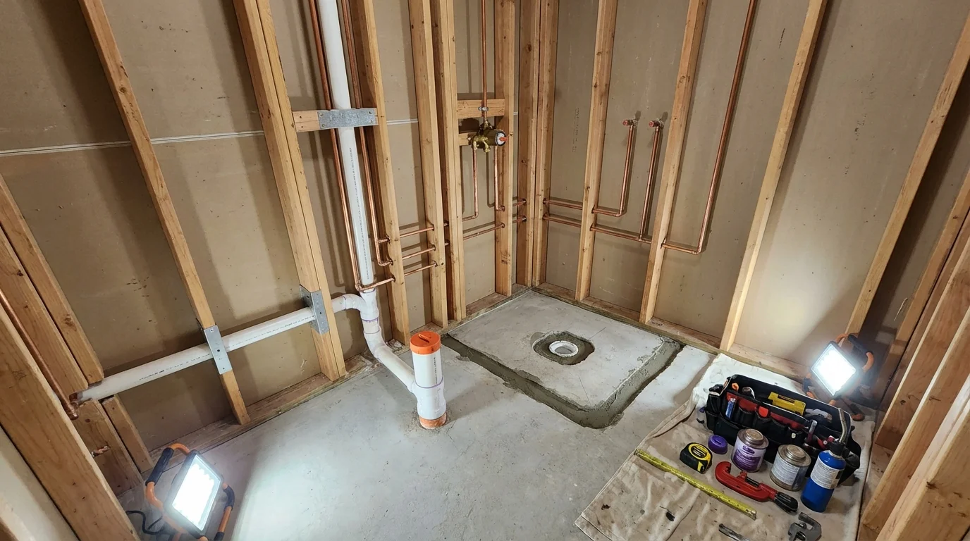 Bathroom rough-in plumbing during remodel by Johns Plumbing LLC in Sicklerville