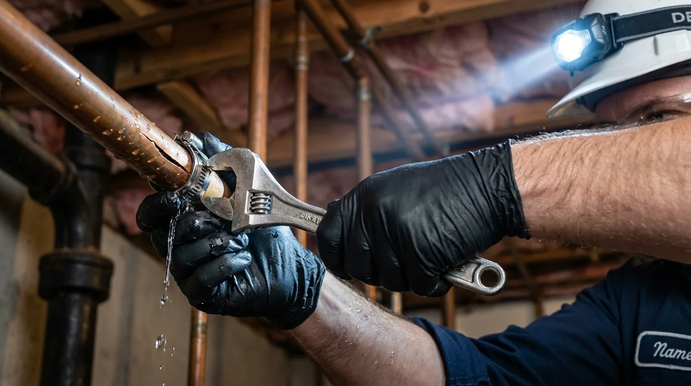 Emergency pipe clamp repair being performed by a Johns Plumbing LLC plumber in Sicklerville