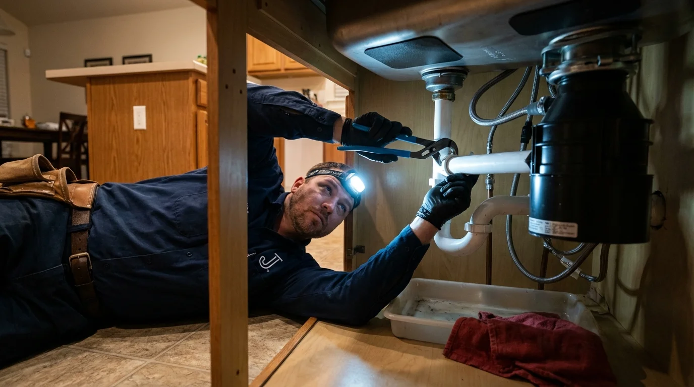 P-trap and supply line connections under a kitchen sink showing a common leak point in Sicklerville, NJ